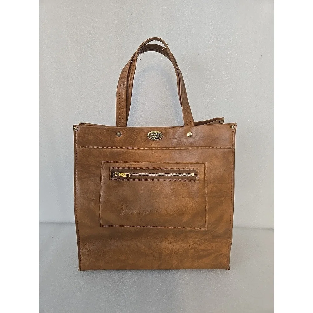 Vintage 1970's Zipped Pocket Handbag Brown‎ Leather Vinyl Purse Woman Classic